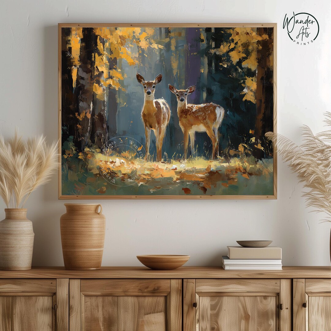 Rustic Forest Deer Scene Printable - Two Deer in Woodland Clearing ...