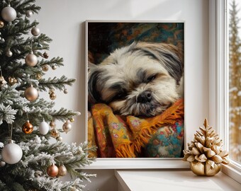 Cozy Printable Dog Portrait - Cute Sleeping Puppy on Colorful Knit Blanket, Rustic Pet Wall Art, Warm Farmhouse Decor, Digital Download 1118