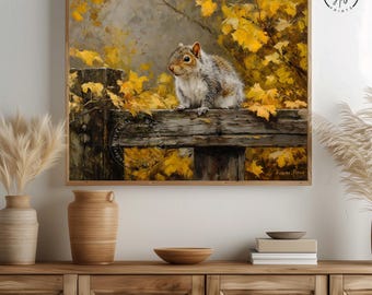 Rustic Woodland Squirrel Oil Painting - Vintage Forest Animal Art, Cottagecore Fall Decor, Printable Wildlife Scene, Nature Wall Art 390
