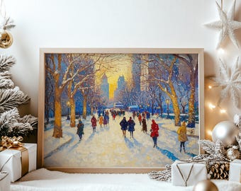 May include: A framed painting of a winter cityscape shows a snowy park scene with people. The artwork features a warm, golden sunset and bare trees. The painting is displayed with festive decorations.