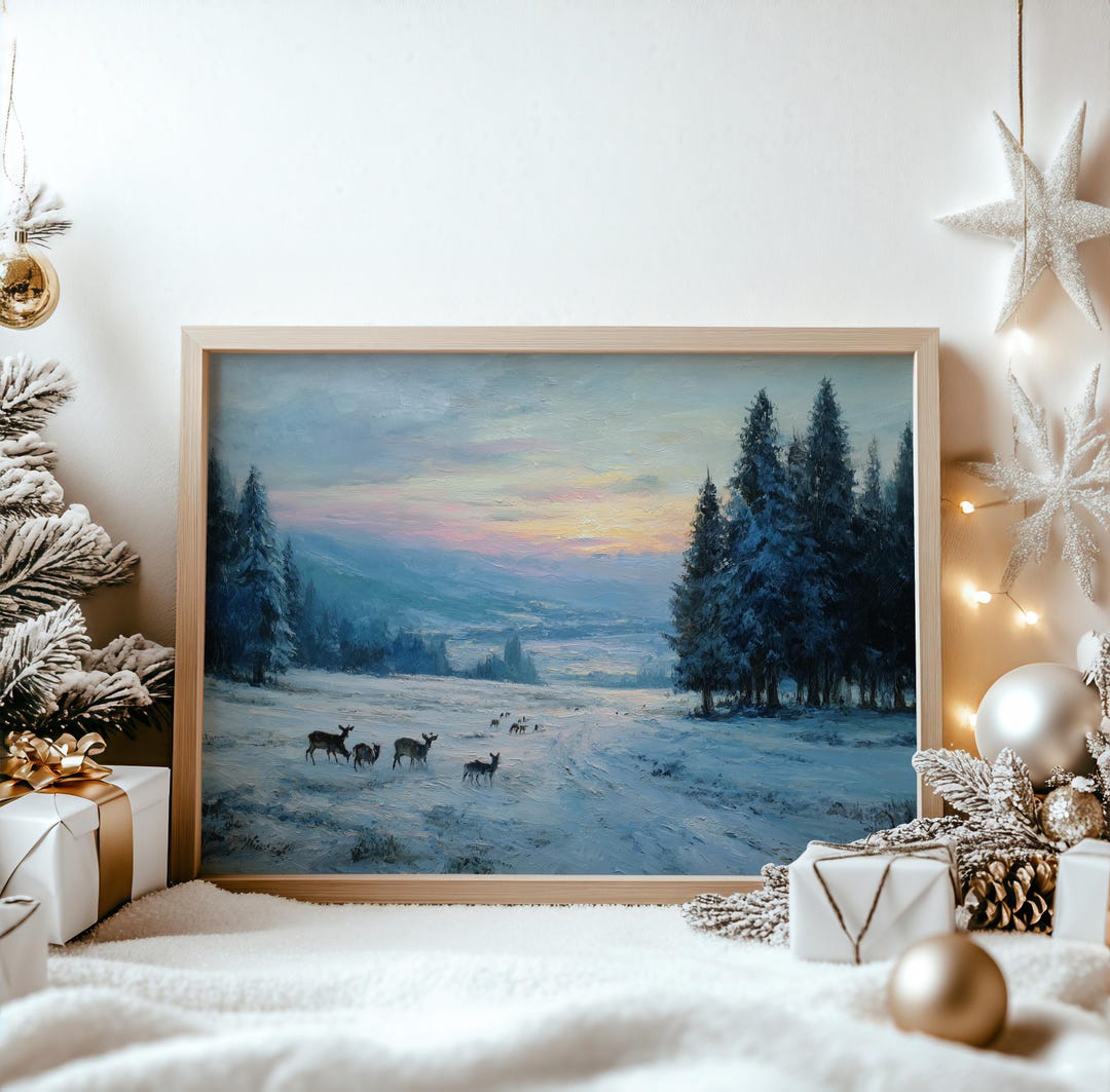 Peaceful Winter Meadow Scene - Printable Rustic Oil Painting, Tranquil ...