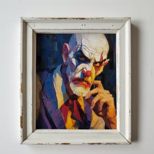 May include: Oil painting of a clown with a stern expression, framed in a distressed white wooden frame. The clown has white face paint, a red nose, and a red bow tie. The background is dark blue.