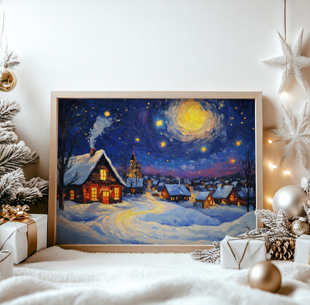 Swirling Winter Night Village - Printable Cozy Winter Painting, Starry ...