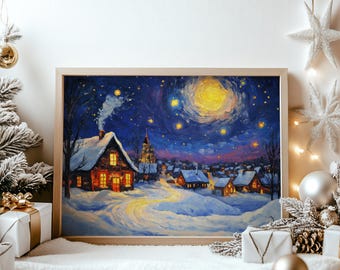 Village tourbillonnant de nuit d'hiver - peinture d'hiver confortable imprimable, scène de ciel étoilé, décoration murale festive rustique, téléchargement numérique instantané 1273