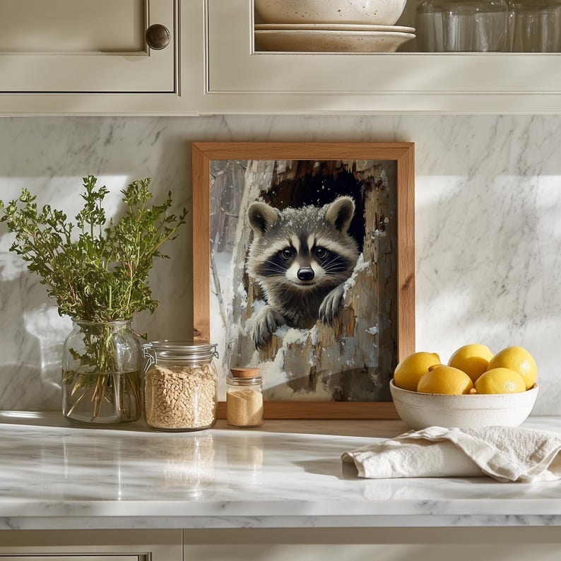 Rustic Raccoon Rustic Raccoon in Hollow Log - Woodland Animal Art Print, Cozy ...