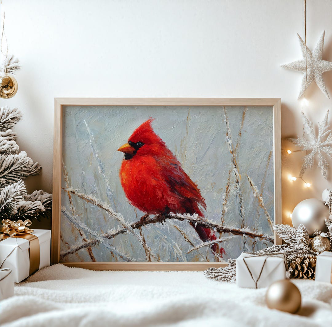 Christmas Cardinal Art on Frosty Branch - Printable Bird Painting ...