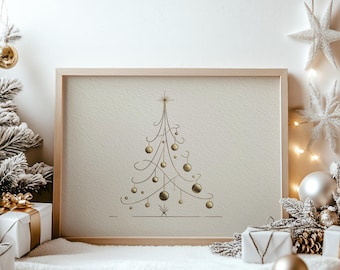 Afdrukbare minimalistische kerstboom zeer fijne tekeningen - elegante vakantiemuurdecoratie, moderne feestelijke ornamenten, digitale seizoenshuisprint 764