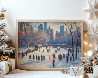 May include: A framed painting of a winter scene in a park, with snow-covered trees and buildings in the background. The artwork is in a light wooden frame, surrounded by festive decorations, including baubles and a Christmas tree.