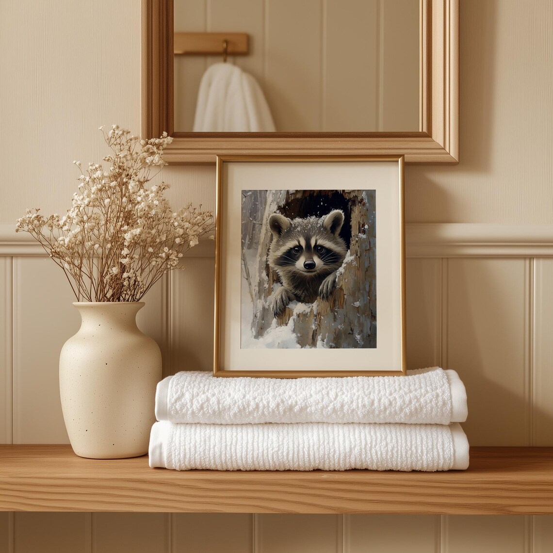 Rustic Raccoon Rustic Raccoon in Hollow Log - Woodland Animal Art Print, Cozy ...