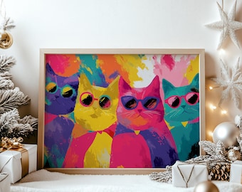 Bunte Katzen Pop Art Printable - Funky moderne Illustration, verspieltes Kitsch Wandbild, süßes Retro Dekor 1117