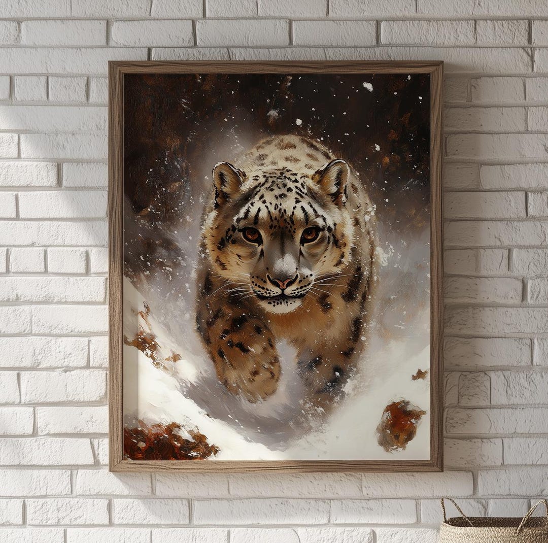 Moody Snow Leopard Painting - Dramatic Wildlife Art in Winter Tones ...