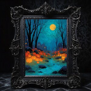 May include: A rectangular painting in an ornate black frame featuring a nighttime landscape with a bright yellow moon, dark silhouetted trees, a winding blue stream, and numerous glowing orange pumpkins scattered across the grassy ground.
