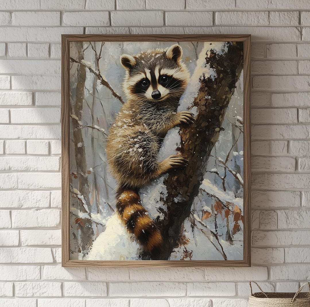 Rustic Raccoon Rustic Raccoon in Winter Forest - Printable Woodland Wildlife Art, Cozy ...