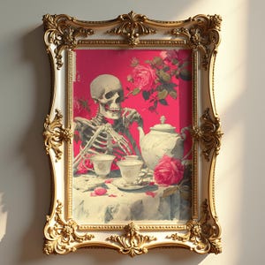 May include: A framed artwork featuring a skeleton seated at a table set for tea, with roses and a teapot. The frame is ornate with gold accents. The background is a vibrant pink.