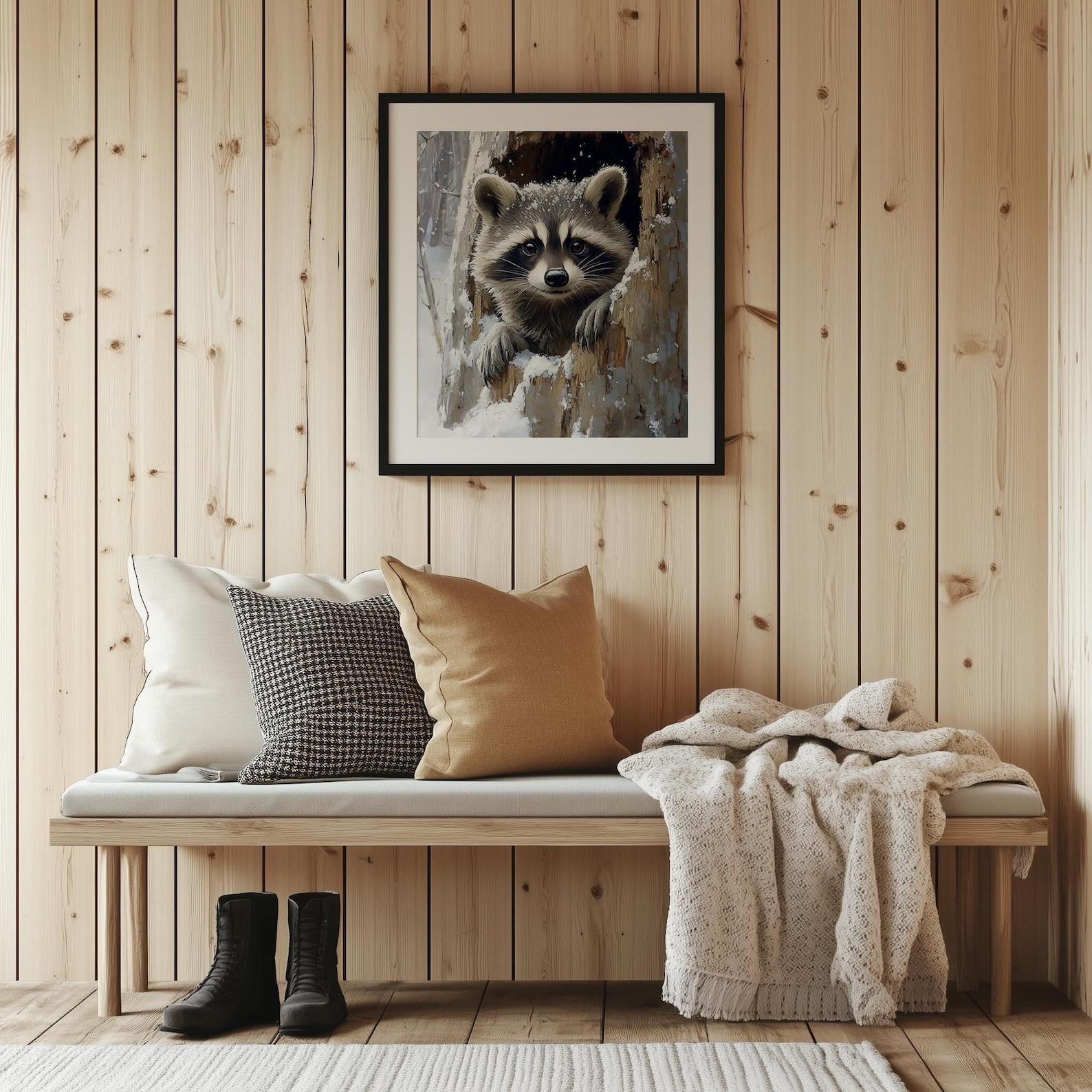 Rustic Raccoon Rustic Raccoon in Hollow Log - Woodland Animal Art Print, Cozy ...