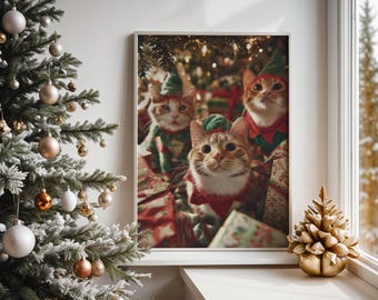 Gray Tabby Cat Watching Christmas Lights - Cozy Holiday Wall Art