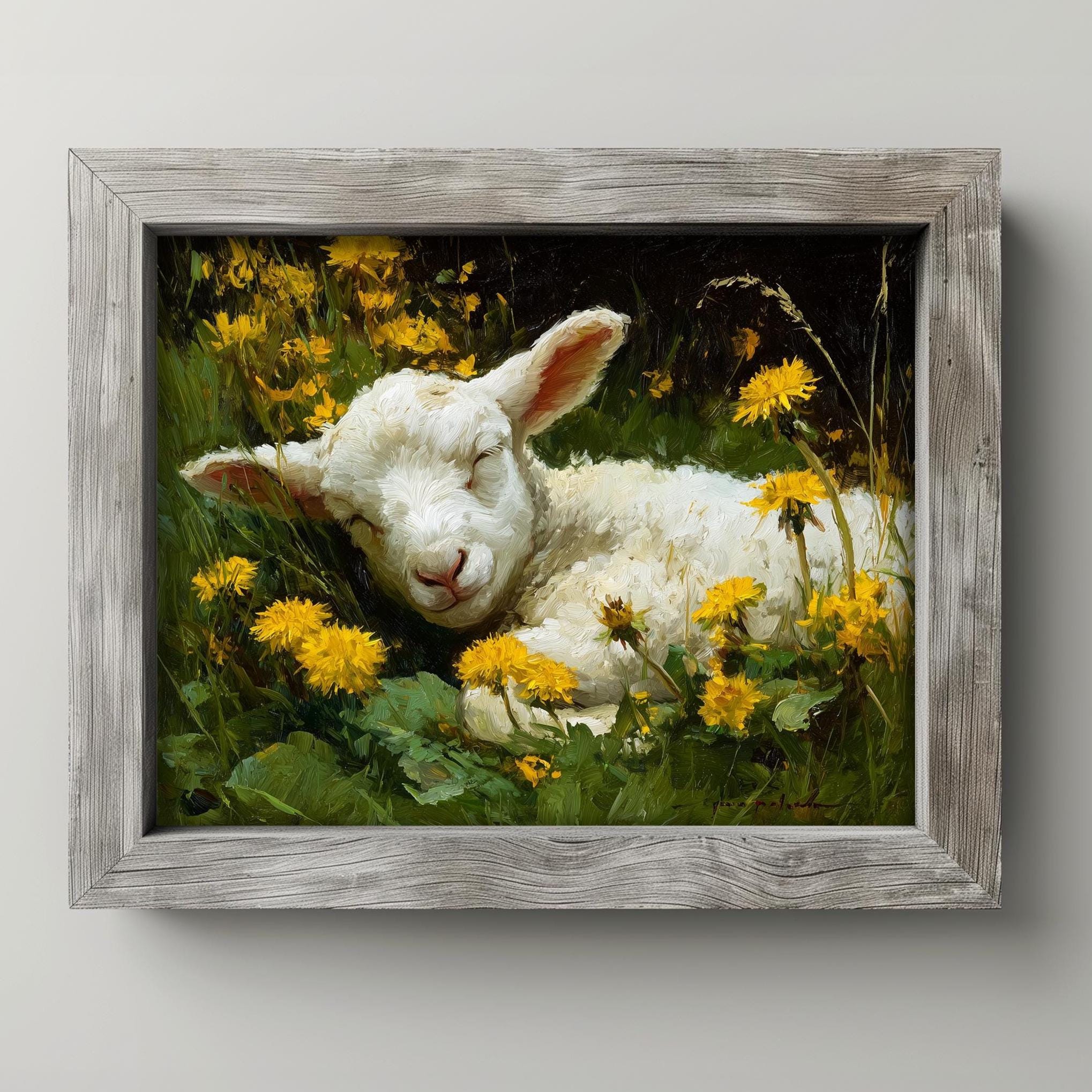 Rustic Cottagecore Lamb Painting in Meadow - Tranquil Spring Wall Art ...