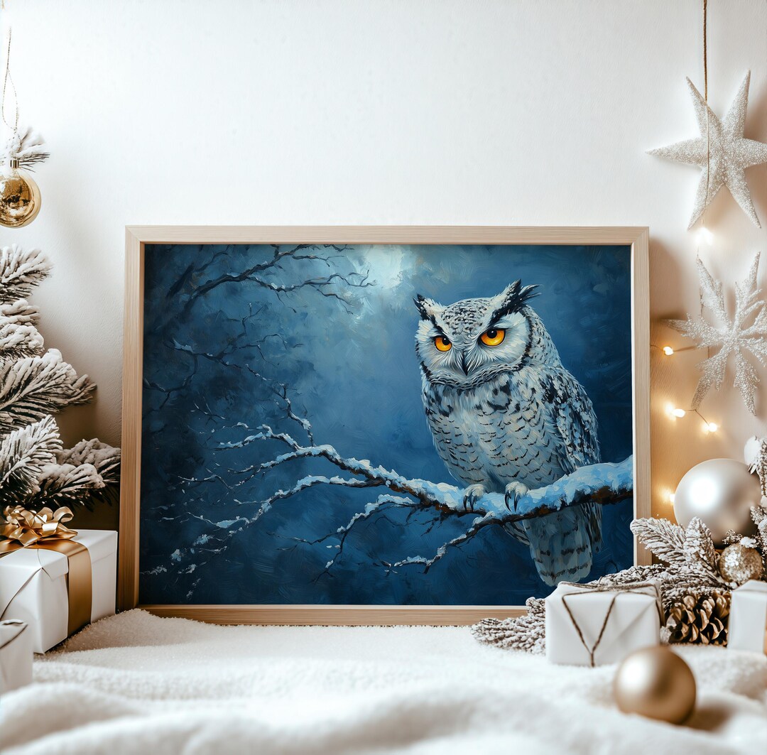 Moody Owl on Frosty Branch - Winter Night Scene, Dark Rustic Wall Art ...