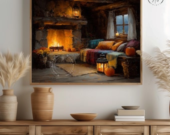 Cozy Autumn Cottage Oil Painting - Rustic Fall Wall Art, Printable Artwork, Cottagecore Digital Decor, Charming Woodland Scene 407
