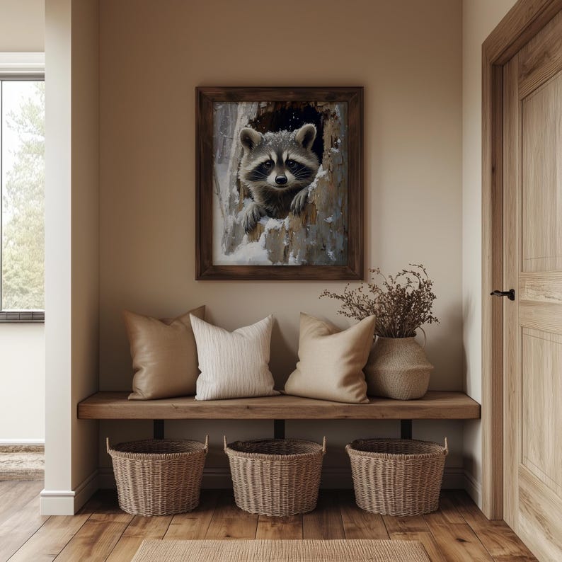 Rustic Raccoon Rustic Raccoon in Hollow Log - Woodland Animal Art Print, Cozy ...