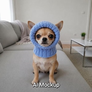 Può includere: Un piccolo cane color marrone chiaro con grandi occhi scuri indossa un passamontagna in maglia azzurro. Il copricapo presenta una spessa sezione del collo a coste e un'apertura circolare che incornicia il muso del cane, in filato testurizzato.