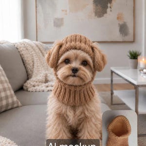 May include: A small, light brown dog wearing a tan, ribbed knit snood that covers the top of the head and neck. The snood features a circular opening for the face and a wide, ribbed collar. A separate view of the tan knit snood is shown.