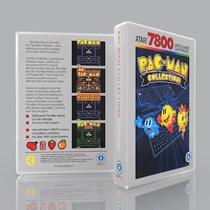 May include: Atari 7800 Pac-Man Collection video game cartridge case. The front features the Pac-Man logo, game characters, and a maze background. The back displays game descriptions, screenshots of Pac-Man, Ms. Pac-Man, Hangly Man, and Pac-Man Plus, plus icons of fruit.