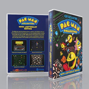 May include: A Pac-Man Collection 40th Anniversary Edition video game cartridge box for the Atari 7800. The front features yellow Pac-Man characters on a black background, while the back displays game screenshots and descriptive text in blue.