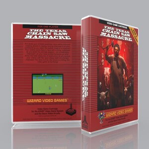 May include: The Texas Chain Saw Massacre video game cartridge box for the Atari Video Game System. The red box features a graphic of a figure holding a chainsaw, skulls, and the title text. The back displays game screenshots and descriptive text.