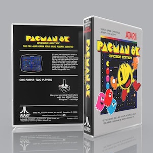 May include: A Pac-Man 8K Arcade Edition video game cartridge box for the Atari 2600 VCS. The front features Pac-Man and ghosts on a black maze background. The back includes game instructions, player count, and the Atari logo in white text.