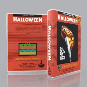 May include: A Halloween video game cartridge box for the Atari Video Game System. The orange and black packaging features a pumpkin graphic with a knife, the title Halloween, and the text Wizard Video Games. The back displays game screenshots.