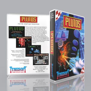 May include: A video game box for Plutos for the Atari 7800 ProSystem. The front cover features a blue spaceship firing lasers in space with the title Plutos in red and yellow. The back cover displays game screenshots, credits, and Tynesoft branding.
