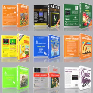 May include: A collection of nine Atari video game cartridges in their original boxes, including titles like Adventure, Alien, Berzerk, Big Bird's Egg Catch, Brain Games, Chopper Command, Codebreaker, Crazy Climber, and Cruise Missile with colorful cover art.