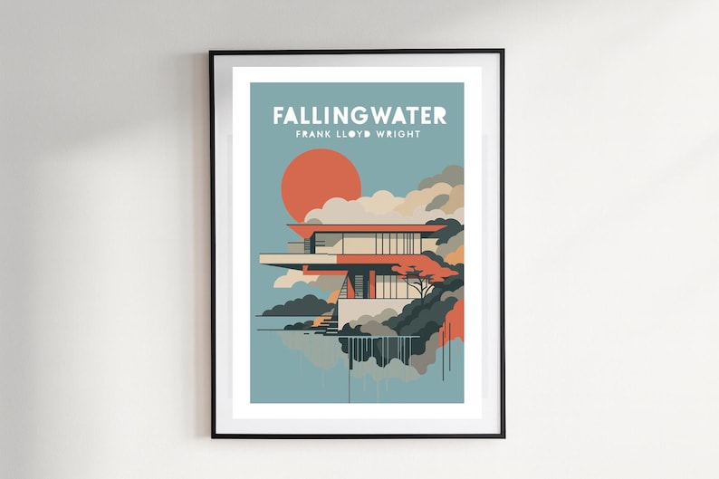 Fallingwater Poster: Frank Lloyd Wright Print, Minimalist Architecture ...