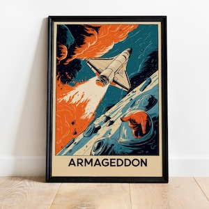 Puede incluir: Póster enmarcado con un tema espacial retro. Una nave espacial blanca asciende a través de nubes naranjas y azules, con un astronauta visible. La palabra "ARMAGEDDON" está impresa en la parte inferior.