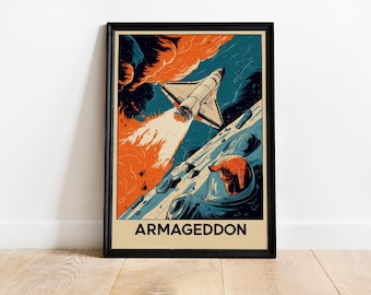 Armageddon Movie Poster, Space Shuttle Art Print, Sci-Fi Wall Decor, Framed Retro Illustration, Gift For Movie Lovers, Space Disaster Art