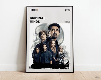 May include: A framed poster featuring the cast of "Criminal Minds." The poster has a white background with the show's title and the year 2005. The cast is depicted in a stylized, artistic manner, with a skull graphic in the background.