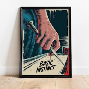May include: Framed art print featuring a hand holding a knife, with the text "BASIC INSTINCT" in a bold font. The artwork has a vintage, comic book style with a limited color palette of red, blue, and beige.