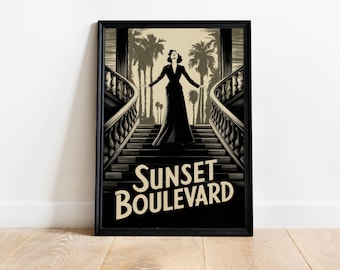 Sunset Boulevard-filmposter, klassieke Hollywood-filmkunstdruk, retro bioscoopmuurdecoratie, vintage zwart-wit filmcadeau