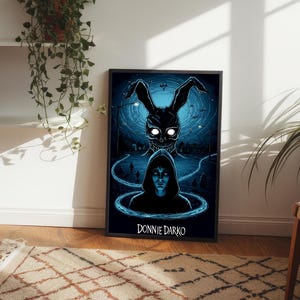 a poster of a rabbit with glowing eyes on a wall