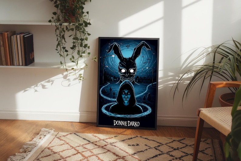 a poster of a rabbit with glowing eyes on a wall