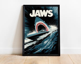 Jaws Movie Poster, Classic Horror Print, Shark Attack Art, 70s Thriller Illustration, Retro Cinematic Decor, Vintage Film Artwork, Gift