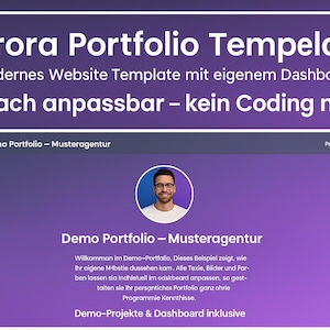Puede incluir: Un diseño de plantilla de sitio web púrpura y blanco con el texto "Aurora Portfolio Tempelate". El diseño incluye una foto de un hombre con gafas y una vista previa del sitio web con texto en alemán.