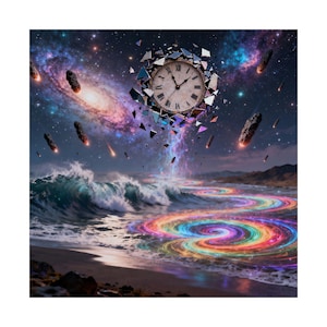 Op de afbeelding: Een surrealistische digitale kunstprint met een klok die uit elkaar valt in een kosmische scène. De afbeelding bevat een melkwegstelsel, meteoren en een regenboogkleurige rivier die in de oceaan stroomt. De wijzerplaat van de klok toont Romeinse cijfers.
