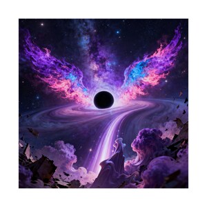 May include: Digital art print depicting a black hole in a vibrant nebula. The artwork features swirling purple and pink clouds, a bright stream of light, and a starry background. The image evokes a sense of cosmic wonder and mystery.
