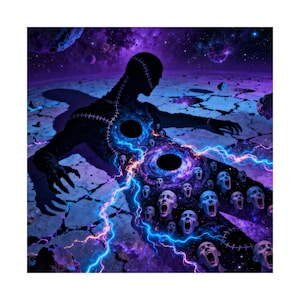 Könnte beinhalten: Digitale Illustration einer dunklen Silhouette mit Nähten vor kosmischem Hintergrund. Die Figur hat zwei schwarze Löcher und einen Strom schreiender Gesichter. Die Farbpalette umfasst Lila, Blau und Schwarz, wodurch eine surreale Atmosphäre entsteht.