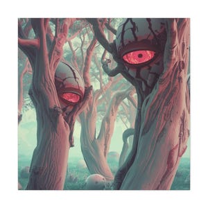 May include: An artistic print featuring a surreal forest scene. The image depicts trees with large, cracked, egg-like structures containing glowing red eyes. The color palette is dominated by muted pinks, greens, and grays, creating an eerie atmosphere.