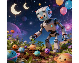Niedliches Roboter-Gartenplaneten-Poster