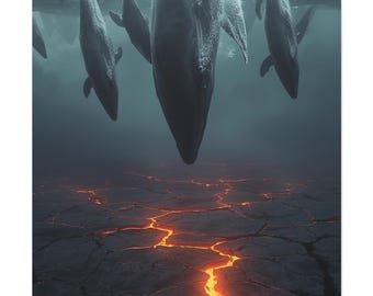 Surreal Whale Canvas Art: Abstract Ocean Lava Landscape Print