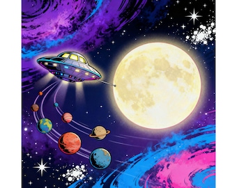 UFOs und Planeten – Mattes Hochformat-Poster | Kosmische Illustration aus Mond und Weltraum